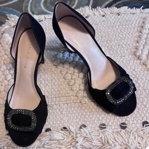 Pelle Moda Black Suede Stilettos Sz 5.5 Peep Toe